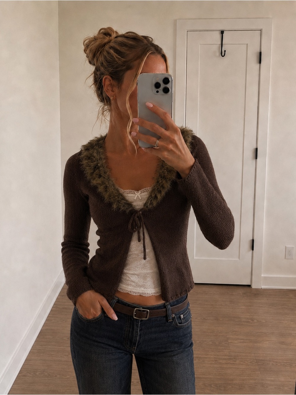 Next Era Vintage Faux Fur Lined Front Tie Y2K Cardigan Sweater